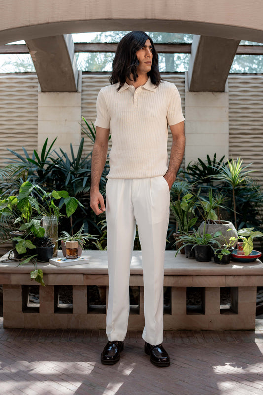 Rib-Knit Polo Shirt in Ivory