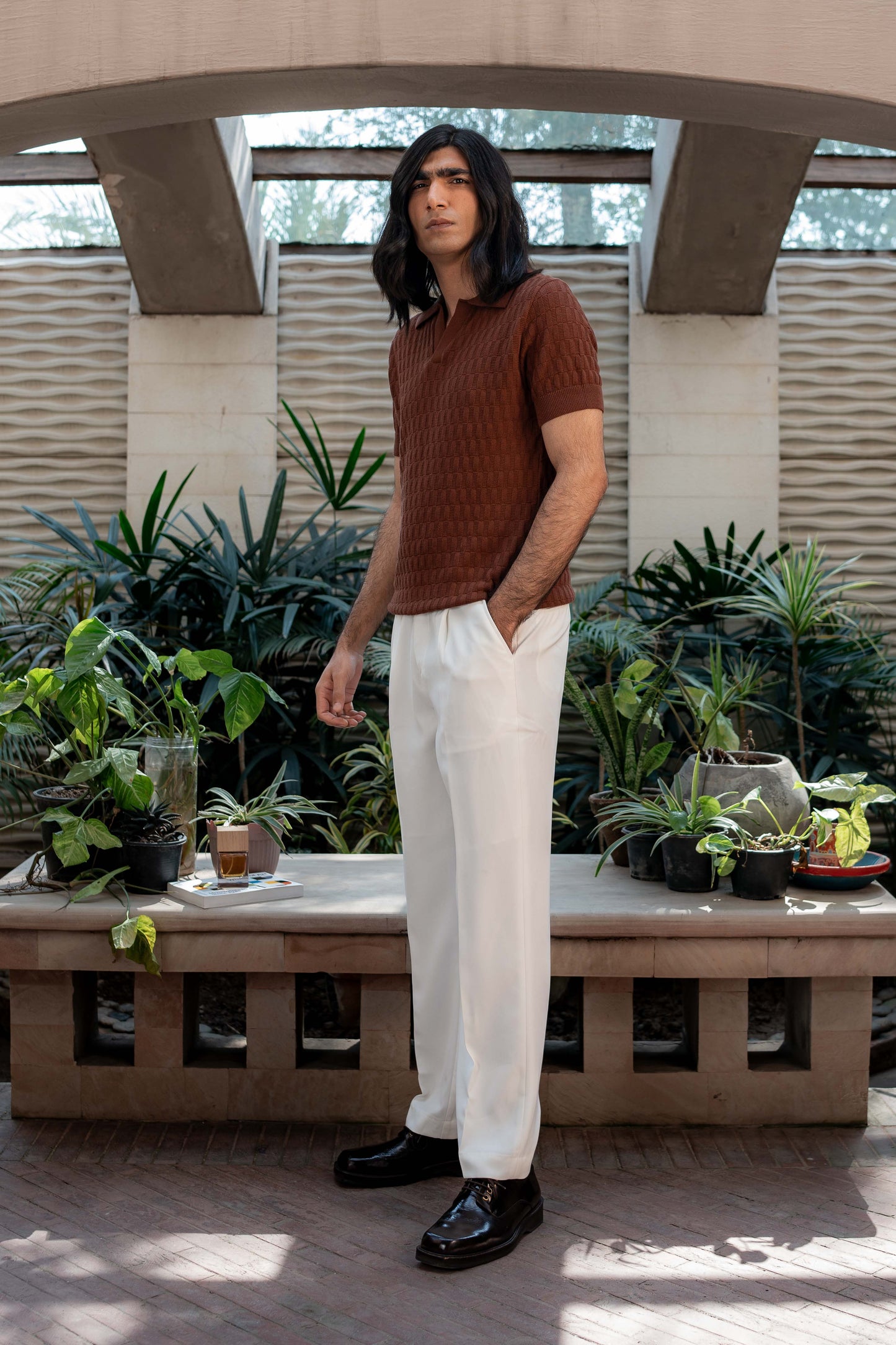 Pearl-Knit Polo Shirt in Burnt Brown