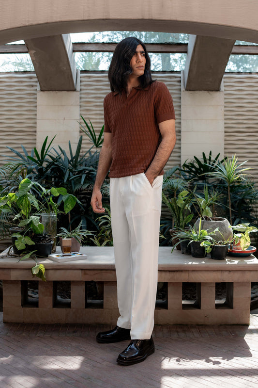 Pearl-Knit Polo Shirt in Burnt Brown