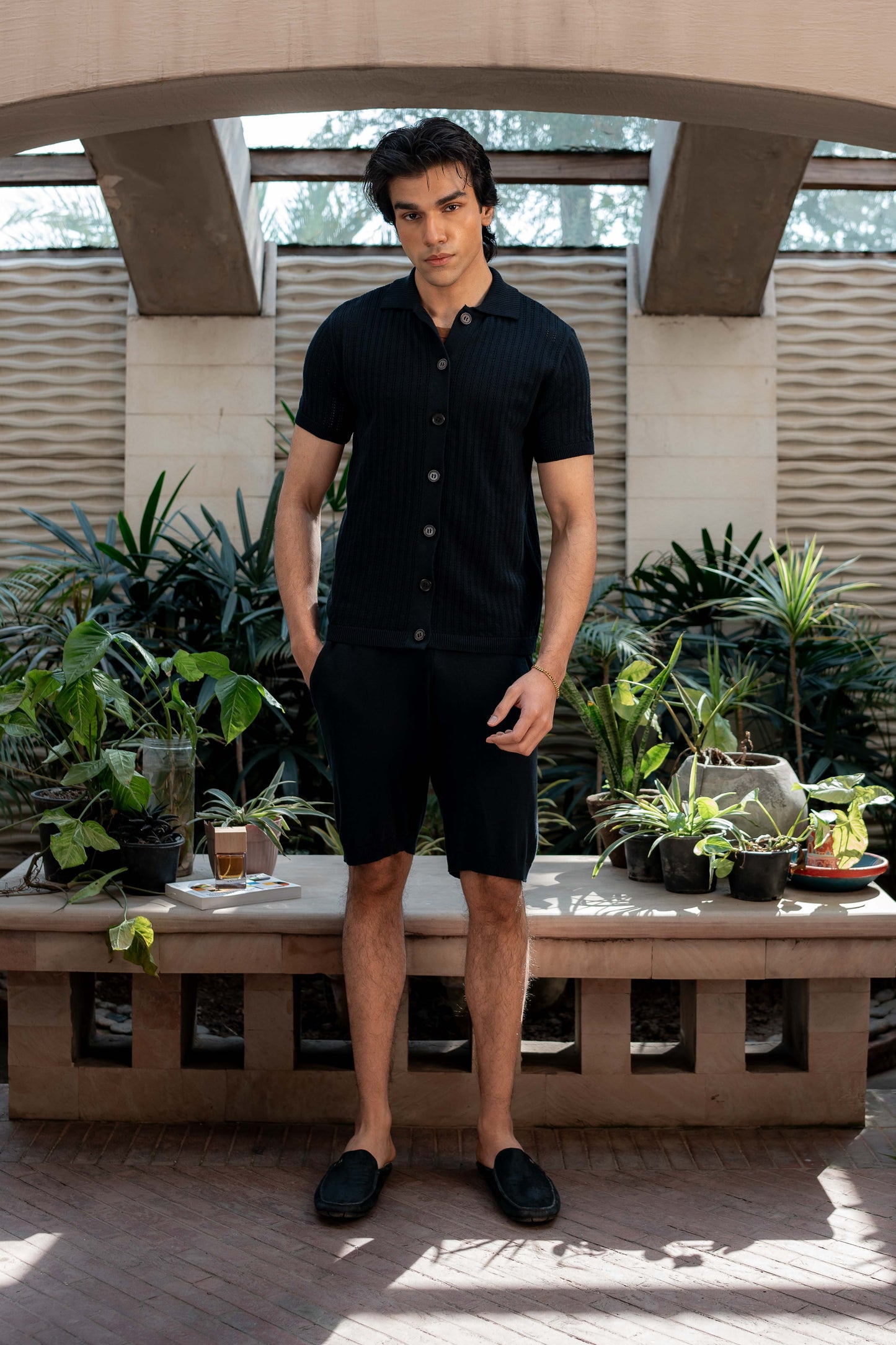 Pointelle-Knit Button Through Polo in Black