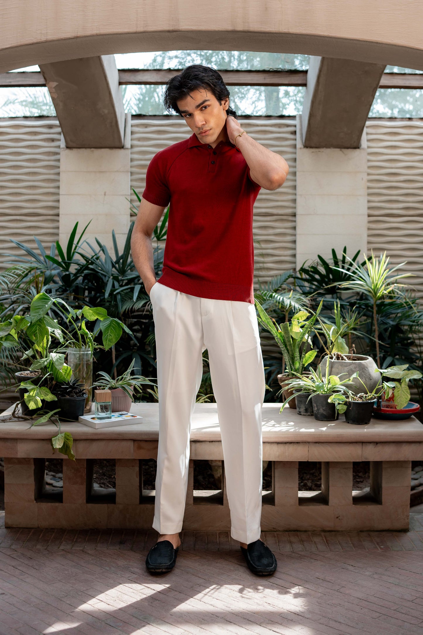 Fine-Knit Polo Shirt in Maroon