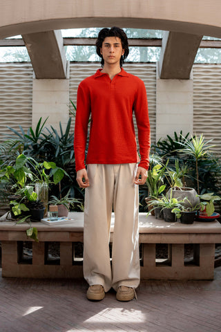 Waffle-knit Revere Polo in Crimson Red
