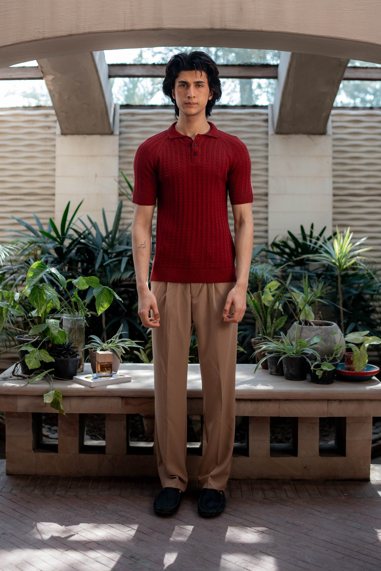 Cable-Knit Polo Shirt in Maroon