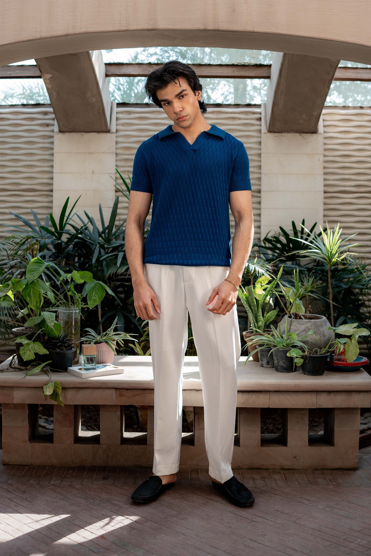 Pearl-Knit Polo Shirt in Oxford Blue