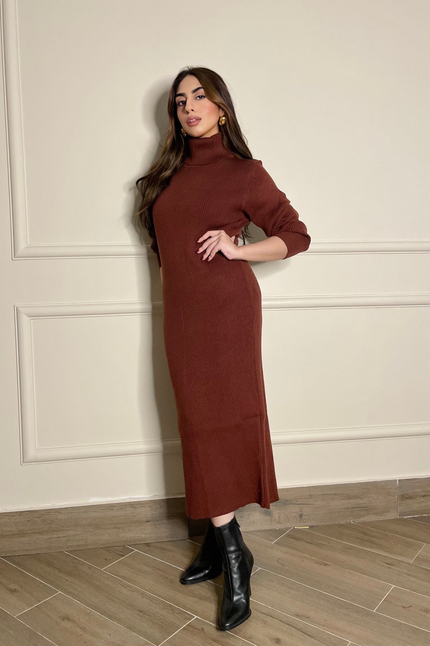 Turtle Neck Long Dress in Chocolate