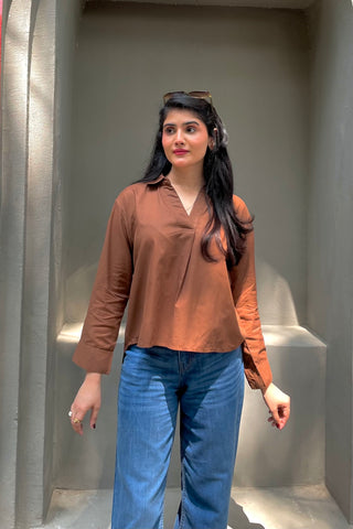 Summery V-notch Collar Shirt in Chocolate