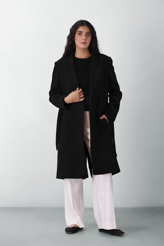 Belted Wool Long Coat in Black
