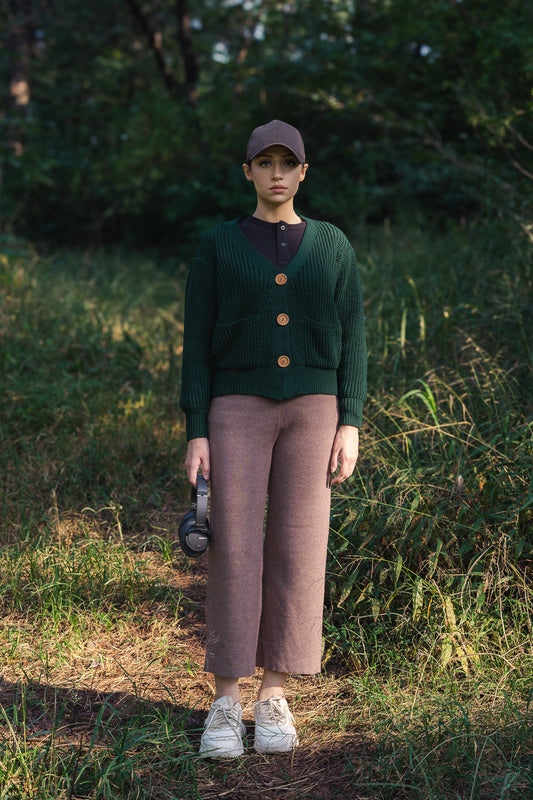 Fluffy Rib Knitted Cardigan in Green