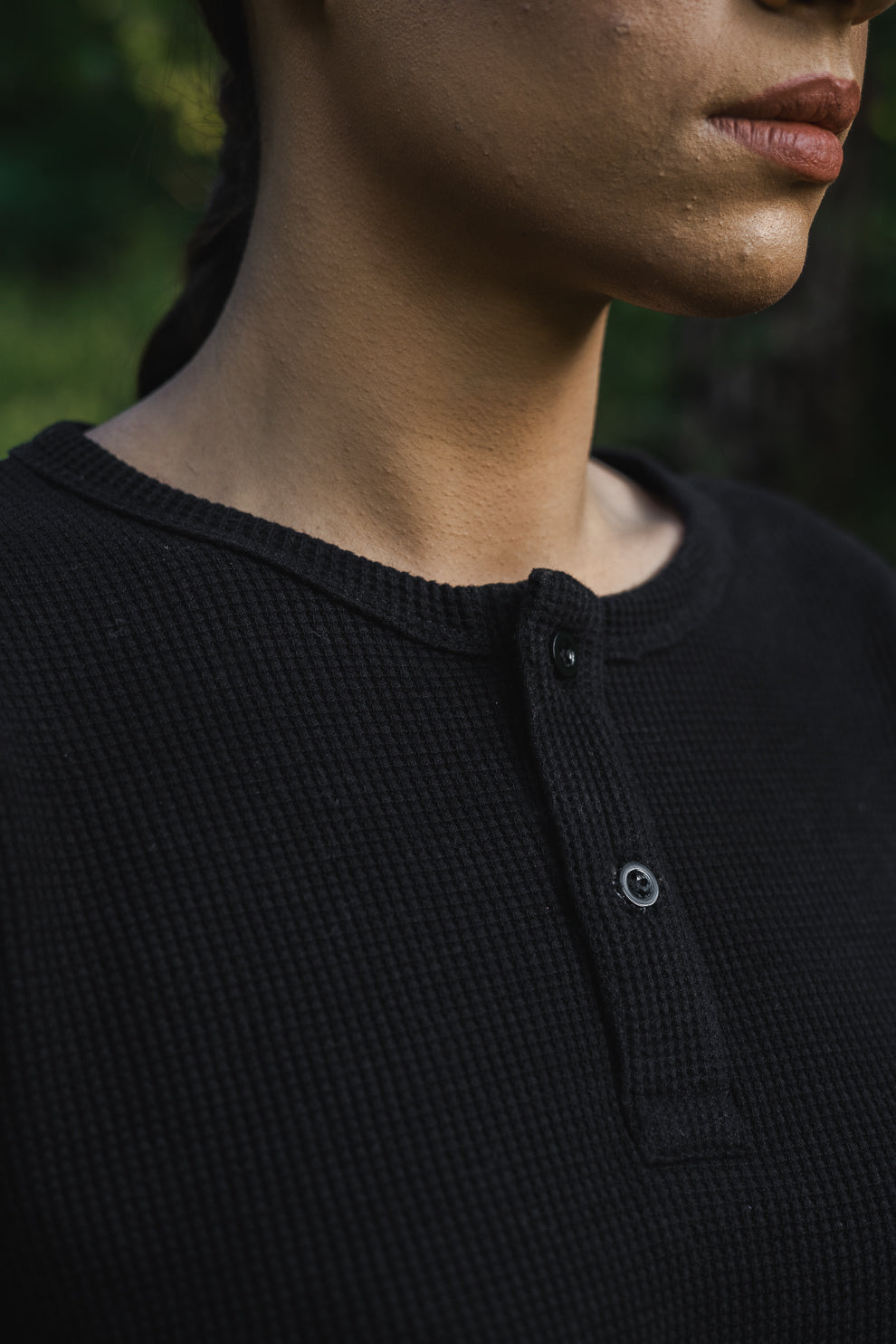 Waffle-knit Henley in Black