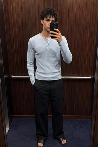 Ribbed Henley T-shirt in Sky Blue