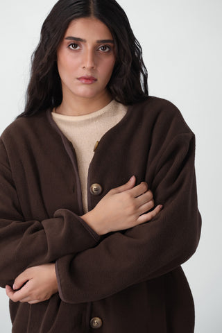 Polar Fleece Button Jacket in Dark Brown
