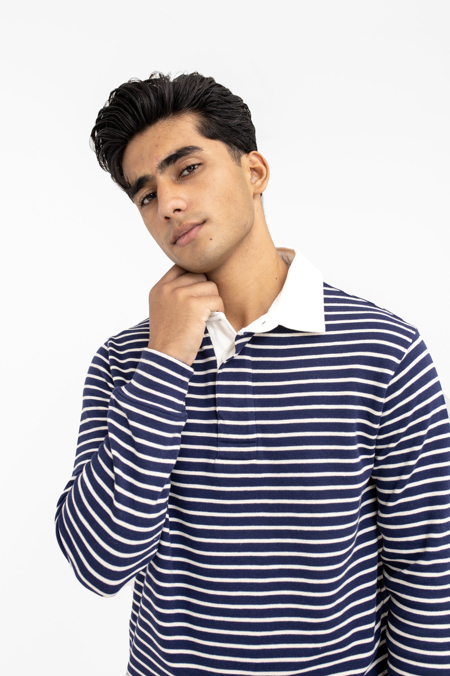 Contrast Collar Striped Polo in Navy