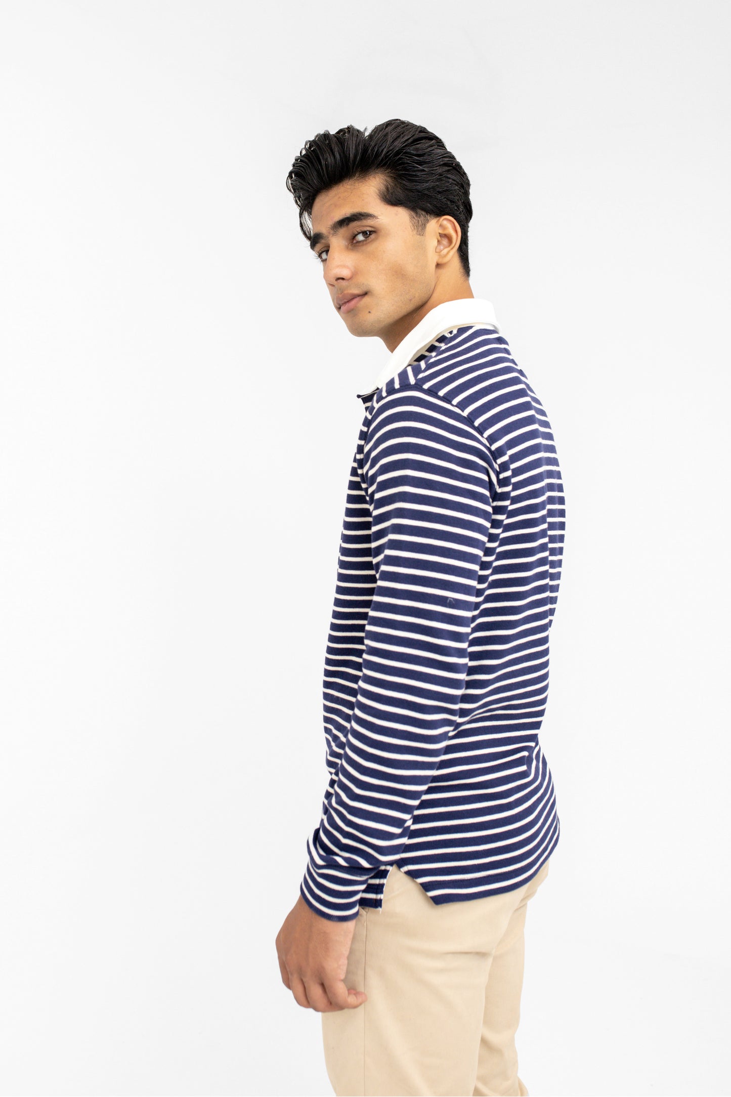 Contrast Collar Striped Polo in Navy