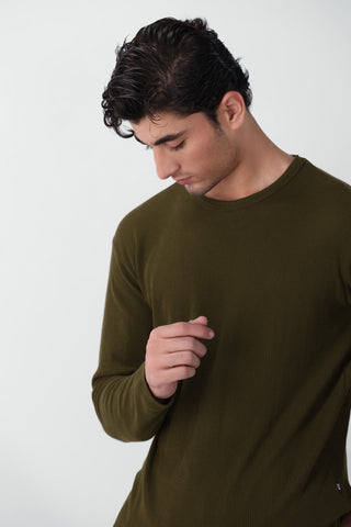 Waffle Textured Long Sleeves T-shirt in Olive