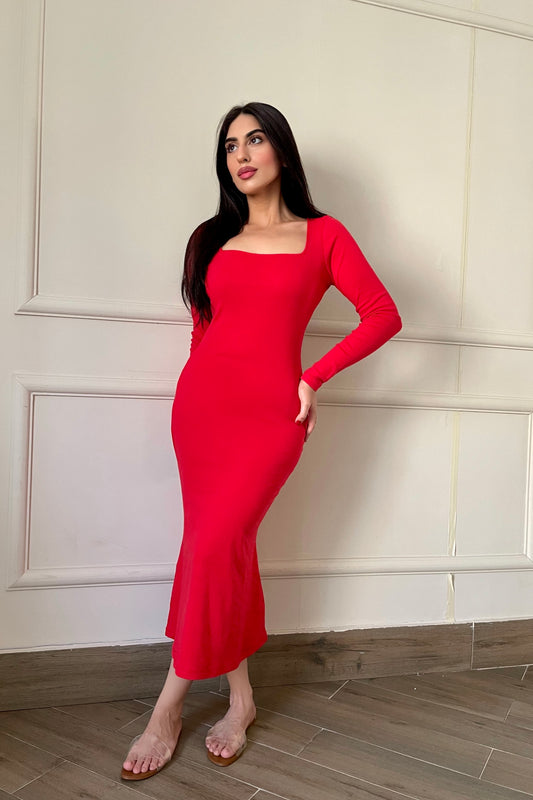 Square Neck Bodycon Dress in Scarlet Red