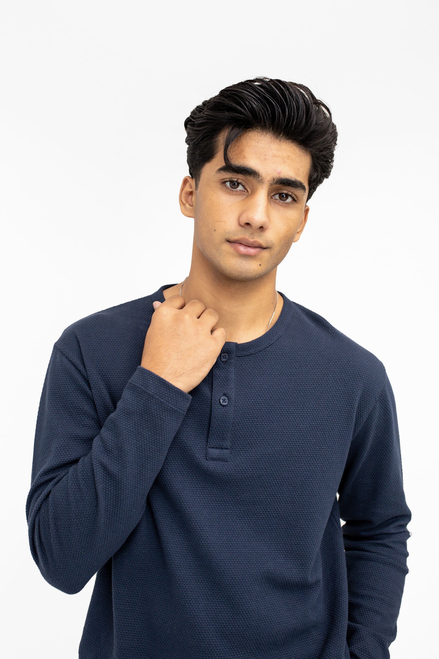 Popcorn-knit Henley in Navy