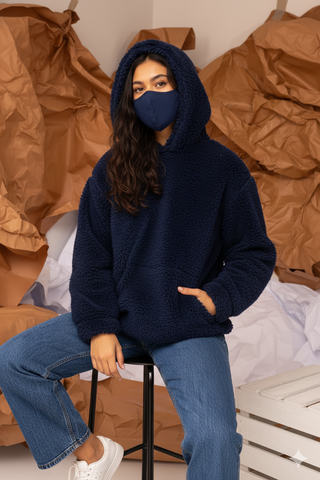Teddy Fur Oversized Hood in Navy