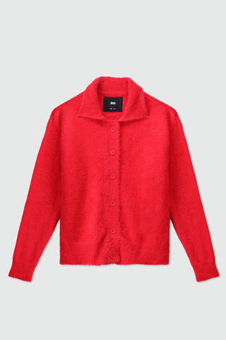 Furry Knitted Collared Cardigan in Scarlet Red