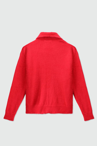Furry Knitted Collared Cardigan in Scarlet Red