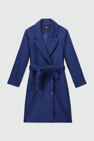 Belted Wool Long Coat in Navy Blue