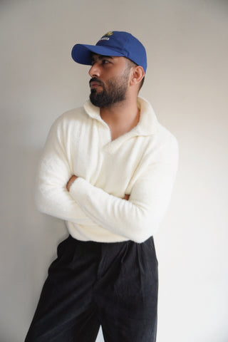 Furry Knitted Polo Jumper in Snow