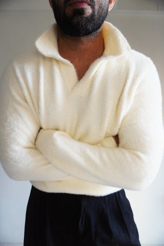 Furry Knitted Polo Jumper in Snow