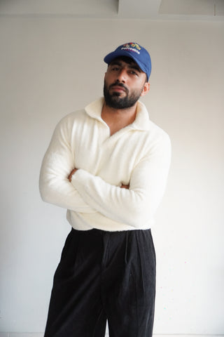 Furry Knitted Polo Jumper in Snow