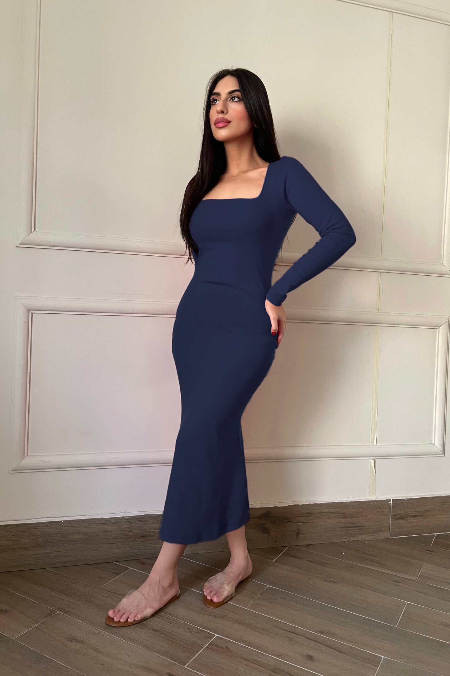 Square Neck Bodycon Dress in Navy