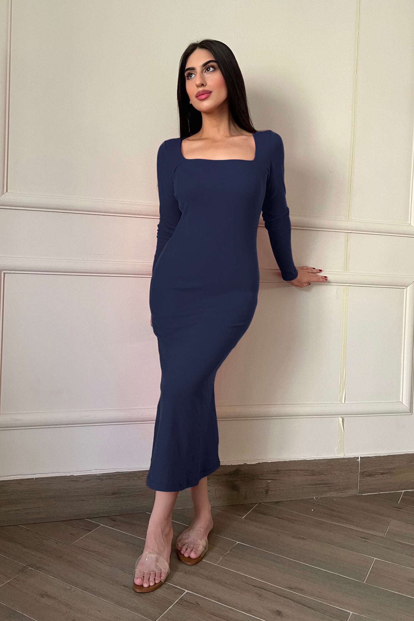 Square Neck Bodycon Dress in Navy