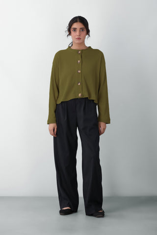 Textured Boxy Cardigan Top in Olive