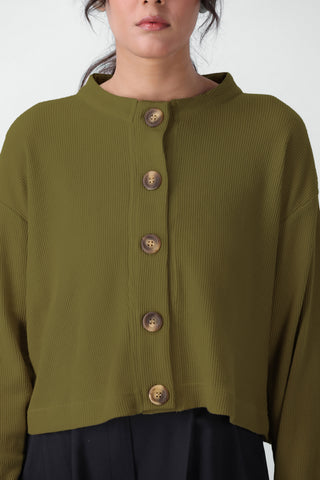 Textured Boxy Cardigan Top in Olive