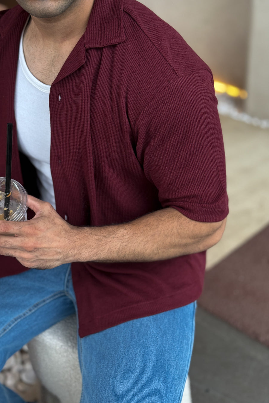Waffle Textured Resort Shirt in Maroon
