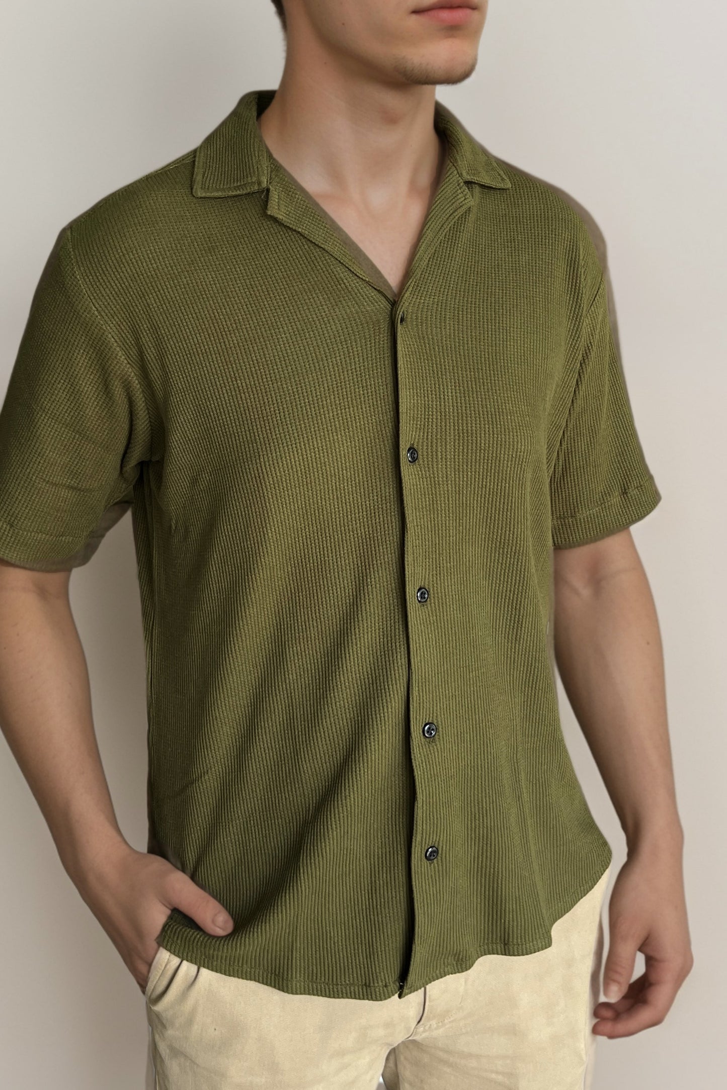 Waffle Textured Shirt in Olive