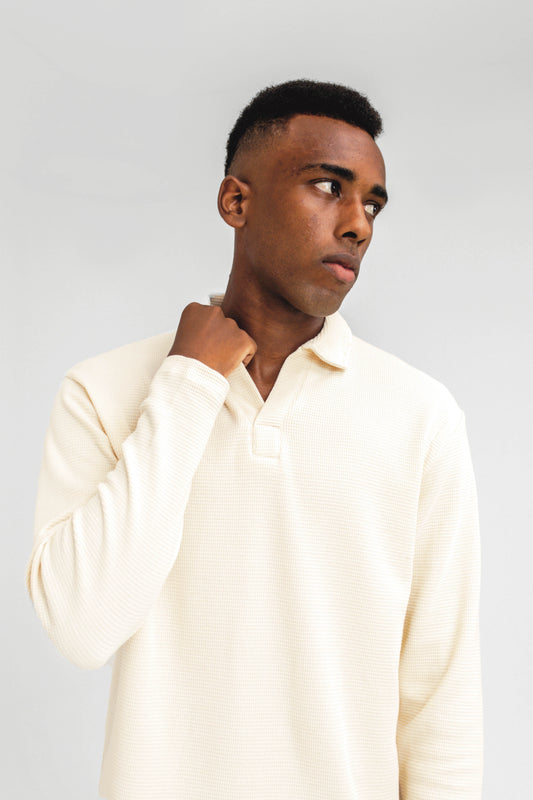 Waffle-knit Revere Polo in Off-white