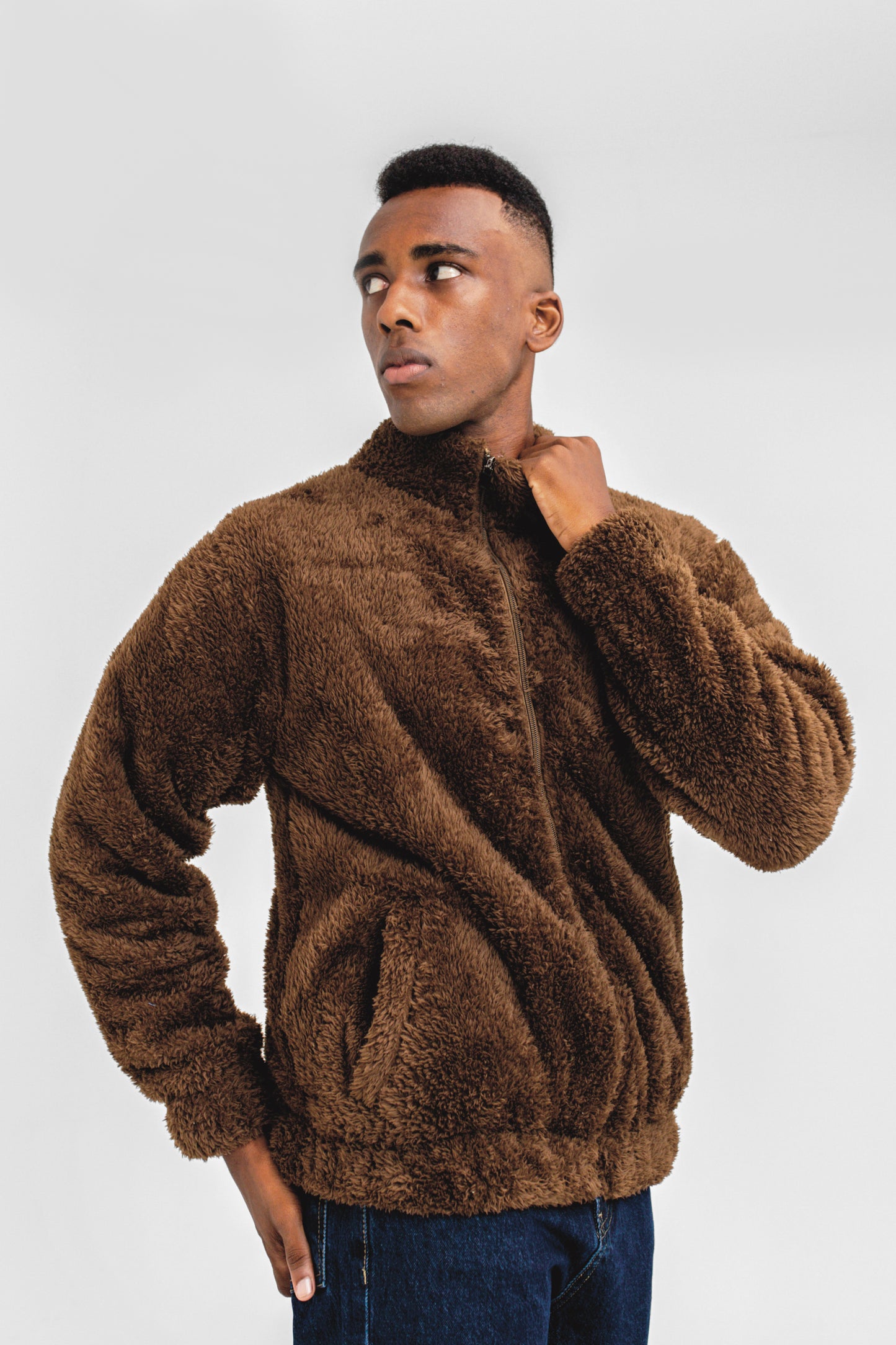 Teddy Fur Mock Jacket in Brown