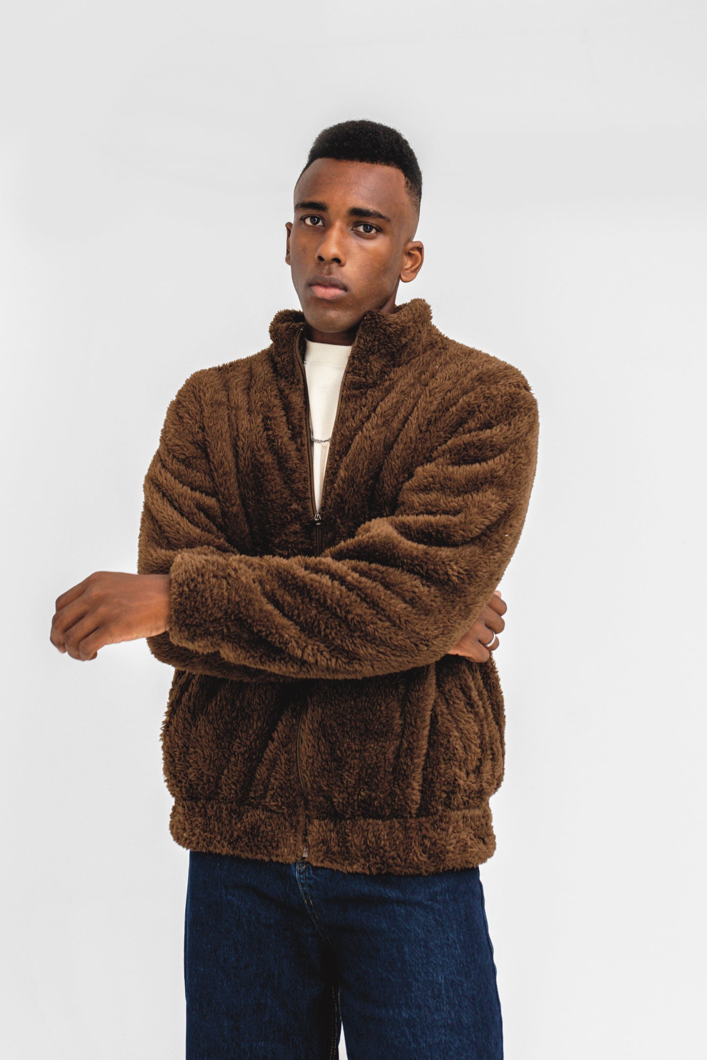 Teddy Fur Mock Jacket in Brown