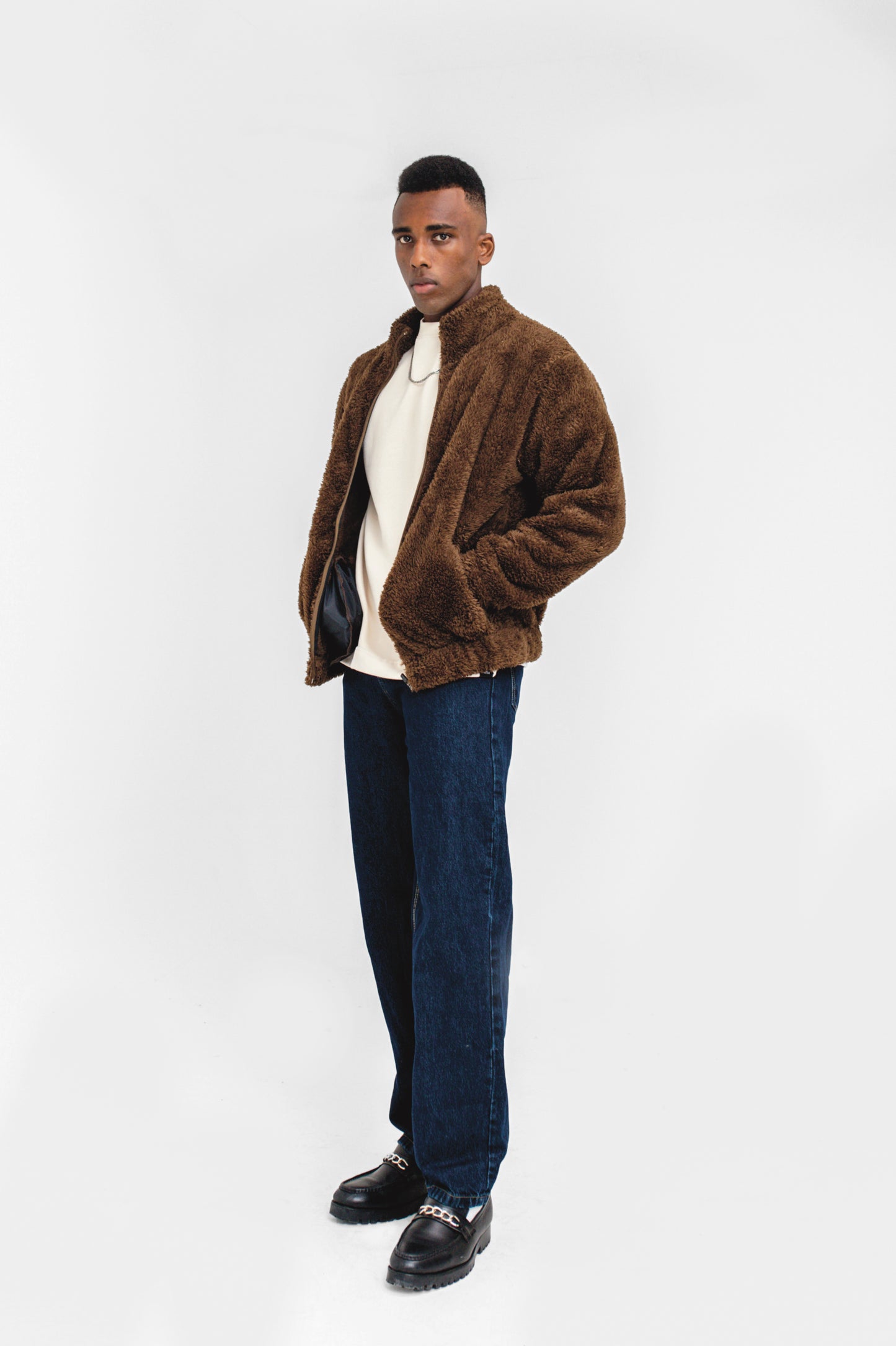 Teddy Fur Mock Jacket in Brown