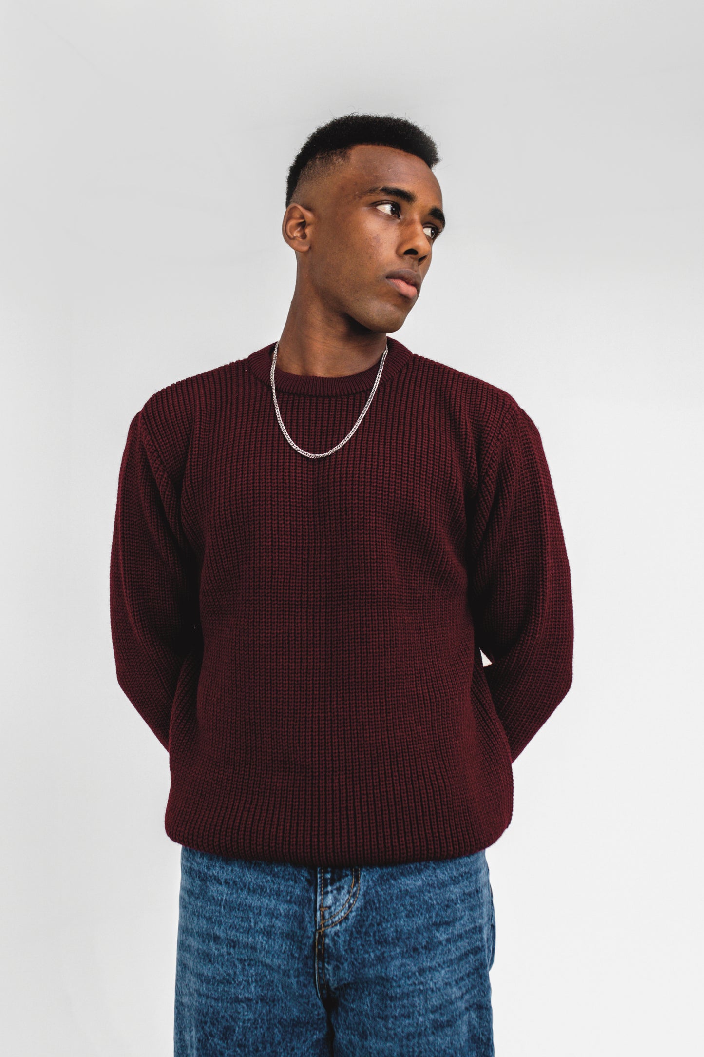 Chunky-knit Round Neck Jumper in Maroon