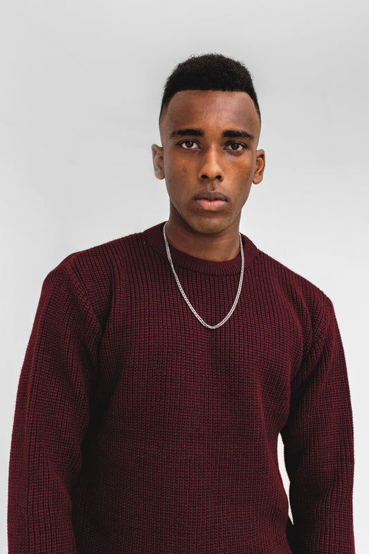 Chunky-knit Round Neck Jumper in Maroon