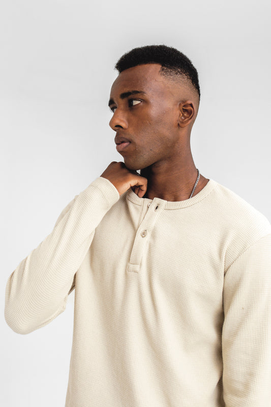 Waffle-knit Henley in Cream