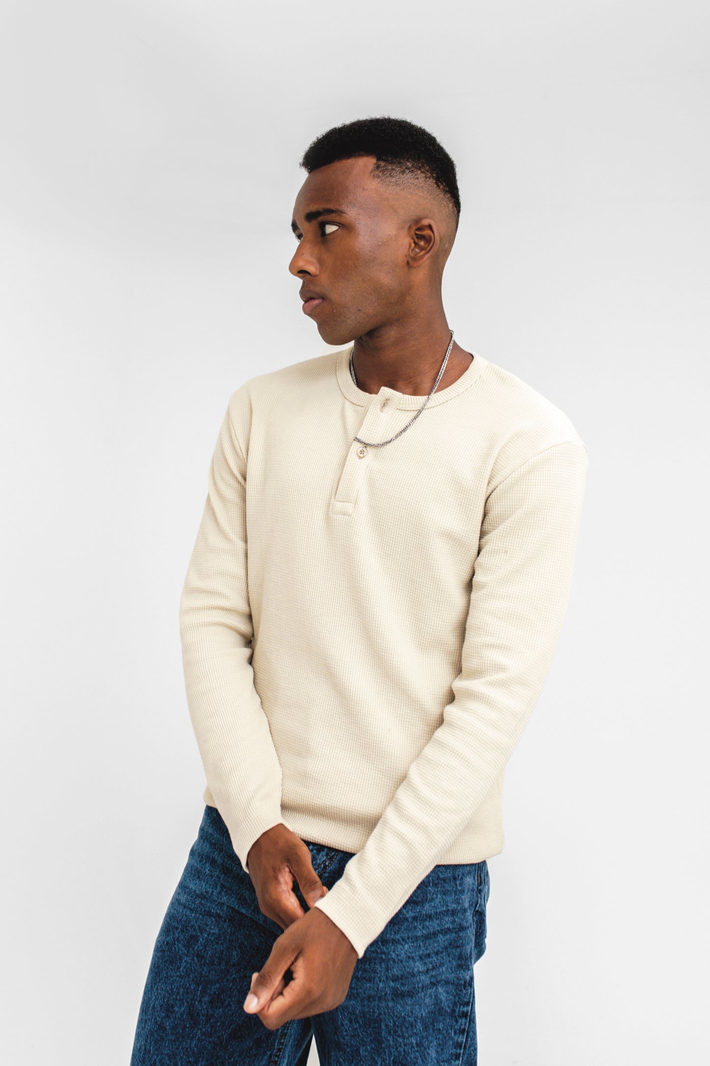 Waffle-knit Henley in Cream