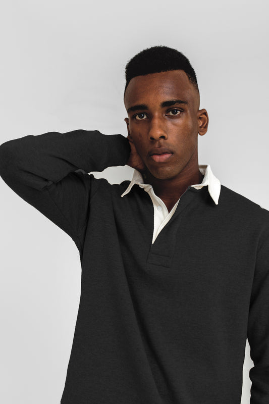 Contrast Collar Rugby Polo in Black