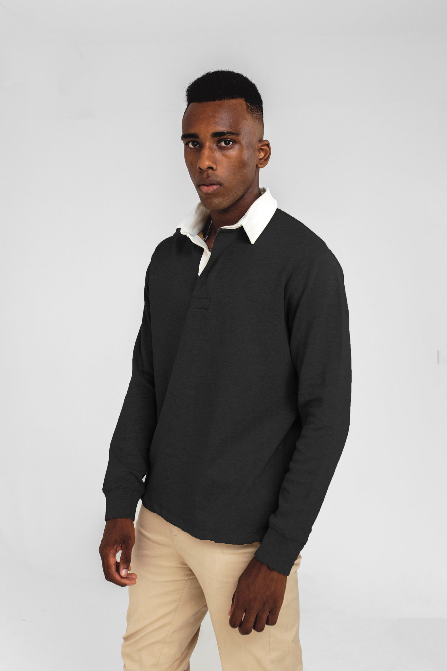 Contrast Collar Rugby Polo in Black