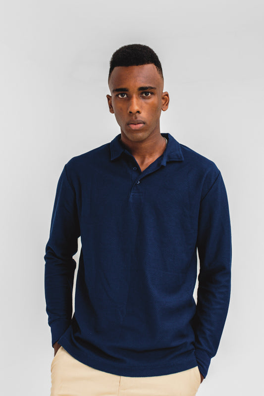 Popcorn-knit Classic Polo in Navy