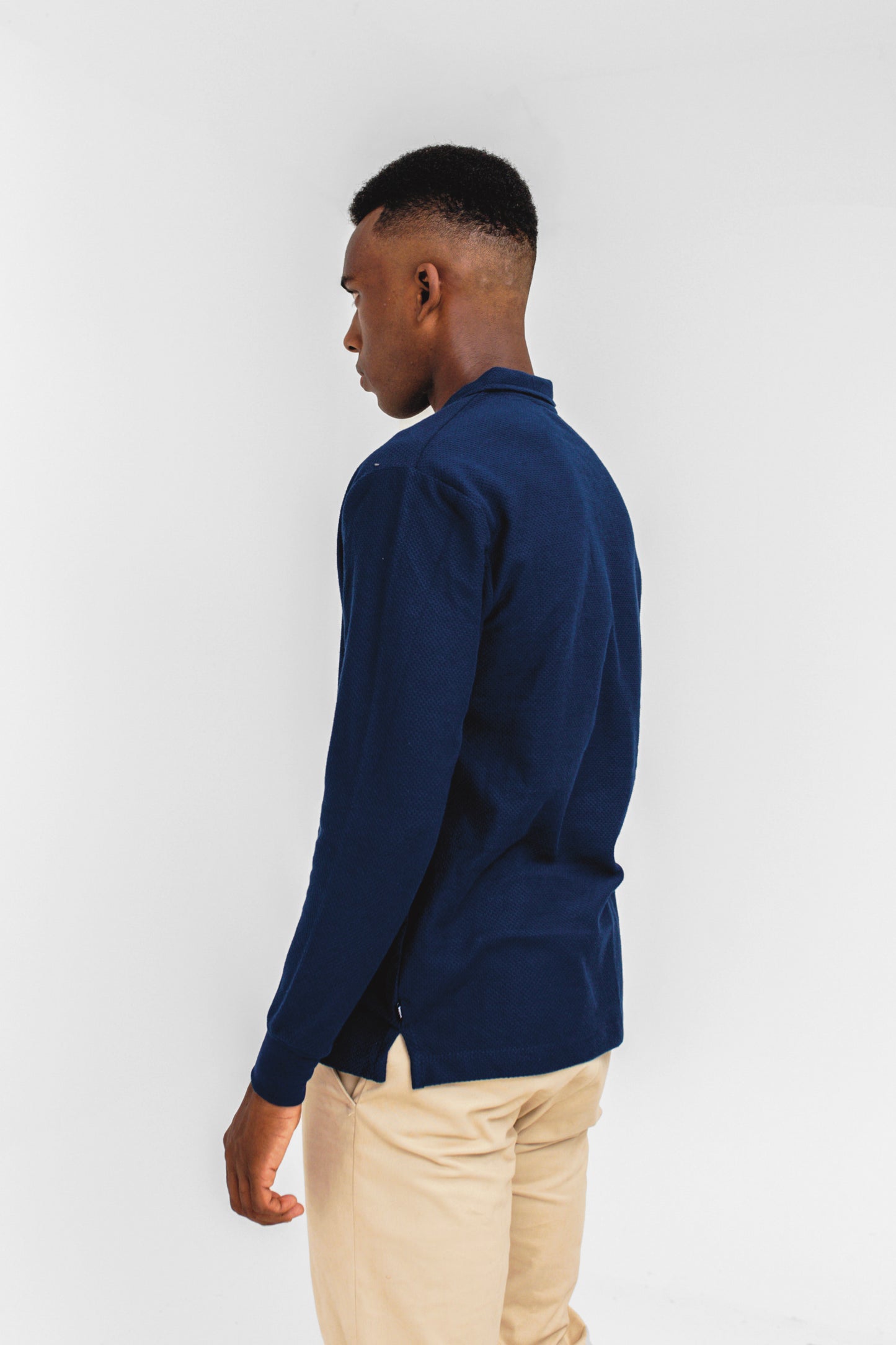 Popcorn-knit Classic Polo in Navy