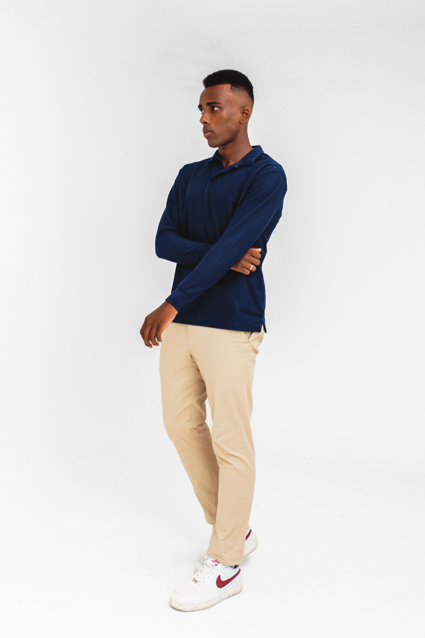 Popcorn-knit Classic Polo in Navy