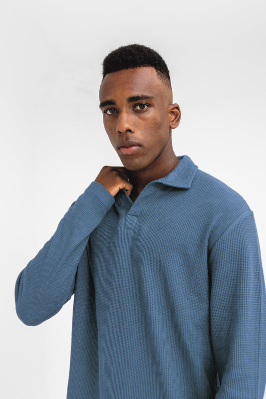 Waffle-knit Revere Polo in Old Blue