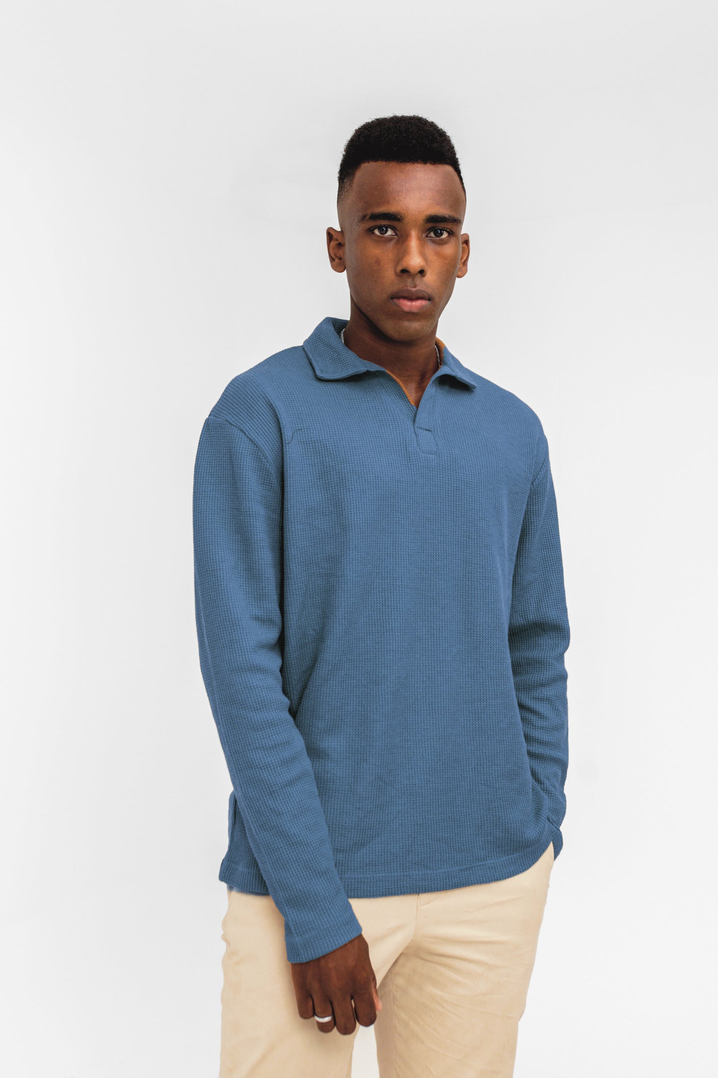 Waffle-knit Revere Polo in Old Blue