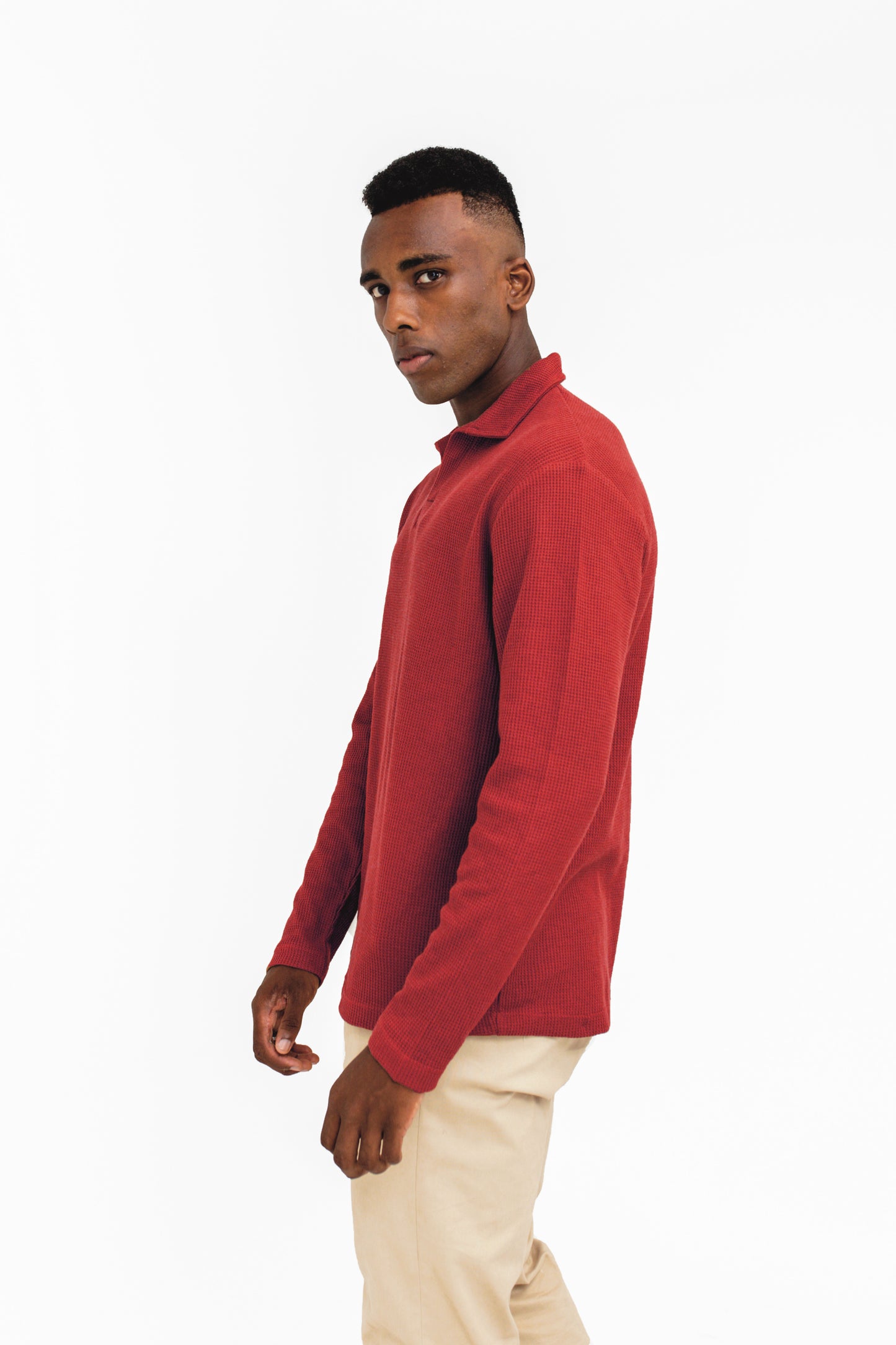 Waffle-knit Revere Polo in Crimson Red