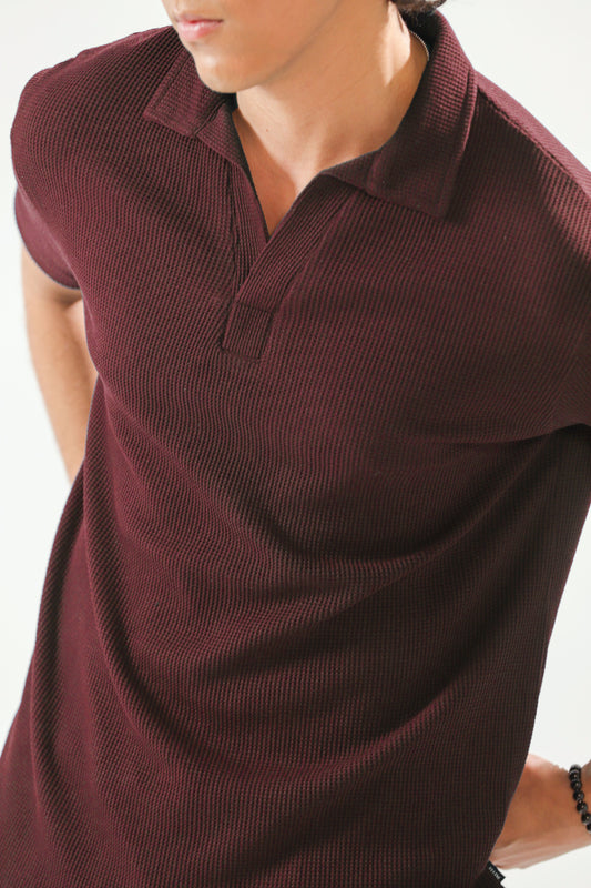 Waffle-Knit Revere Polo Shirt in Maroon